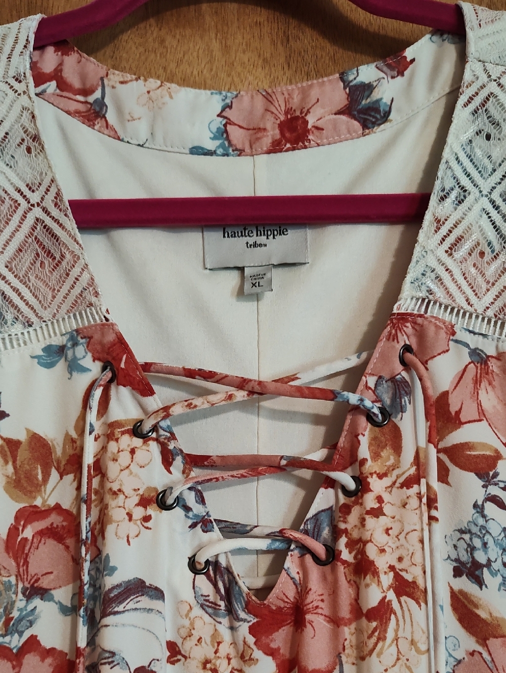 Haute Hippie Tribe Dress Floral Rust Blue Cream Tassels Boho Kimono Sleeves XL - Picture 4 of 16